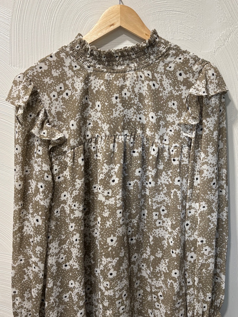 Ann Taylor Taupe Floral Ruffle Yoke Blouse